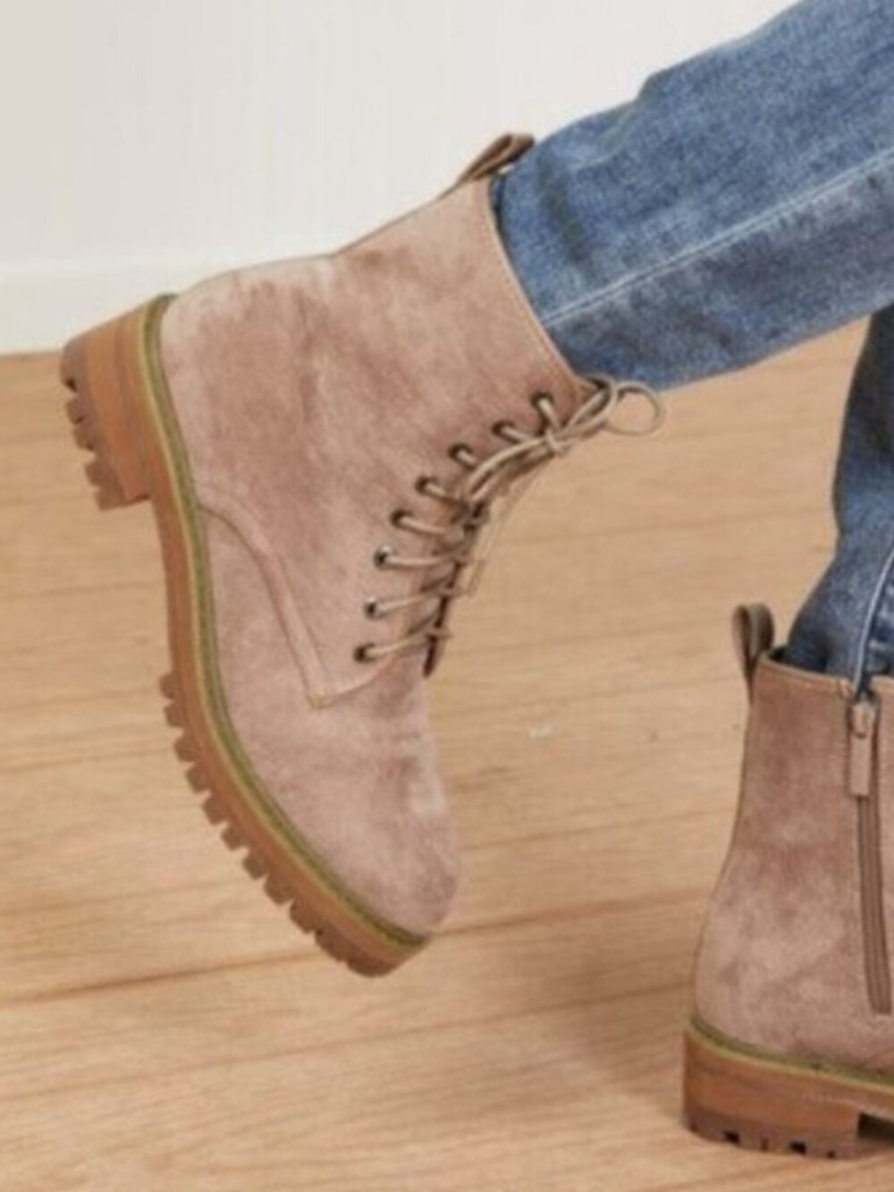 Khaki Beige Combat Lace-up Suedette Ankle Boots